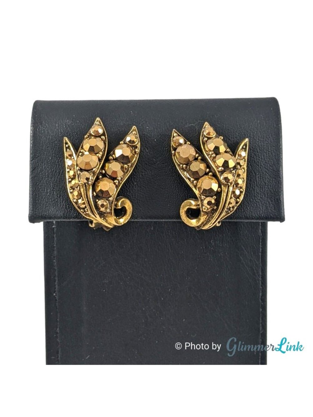 Vintage Weiss Aurum Rhinestone Triple Leaf Bronze Tone Clip On Earrings